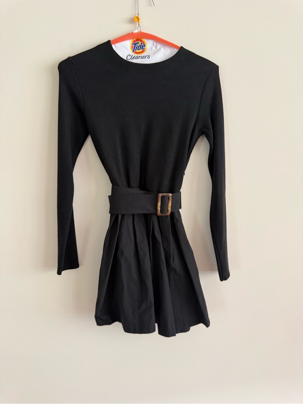 Zara Black Long-Sleeve Mini Dress with Wide Buckle Belt. Size S. NWT